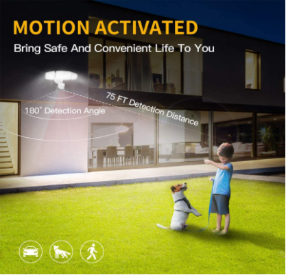 A motion-activated light installed near a lawn with a dog and a kid playing
