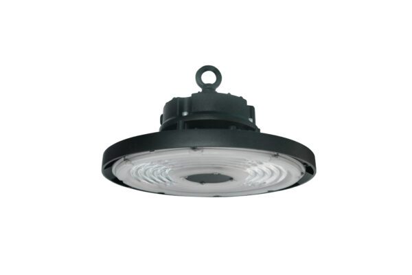 A LED UFO high bay light tilted down