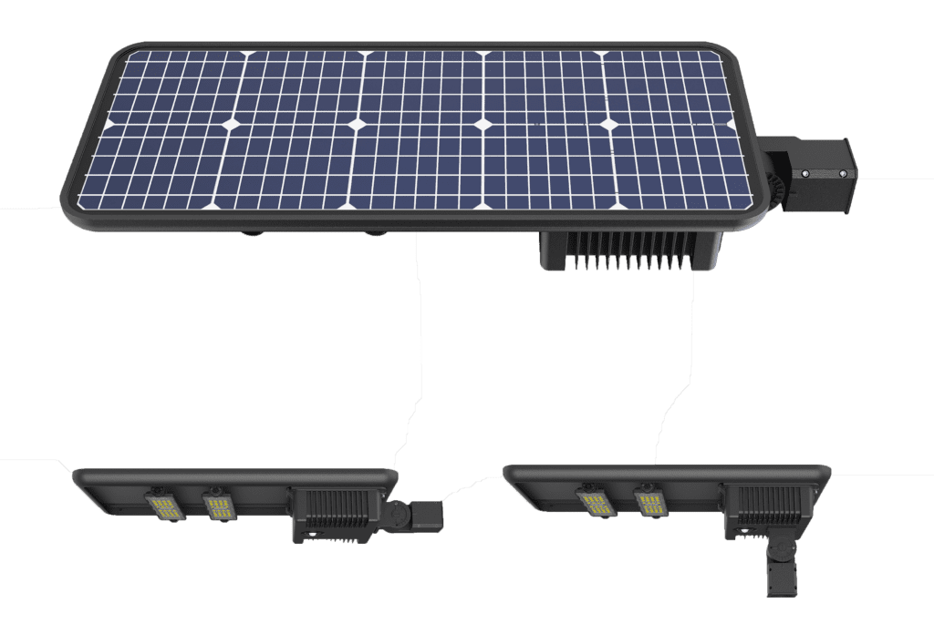A solar panel with two LED flood lights