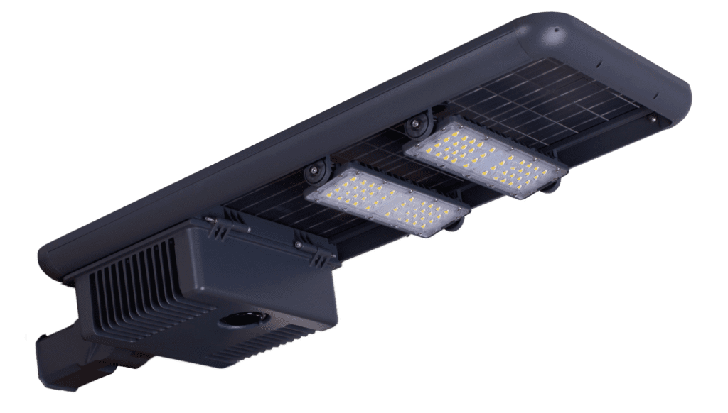 A solar panel with two LED flood lights
